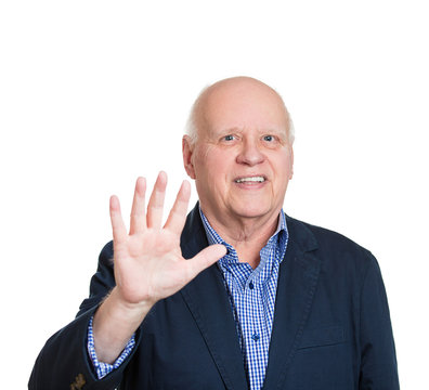 Senior man showing five hand gesture, number 5 fingers