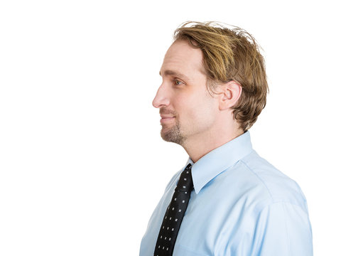 Side view headshot portrait middle aged man on white background