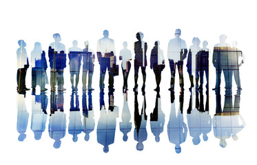 Silhouettes of Business People Overlayed with Cityscape