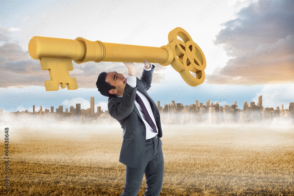 Poster composite image of stressed businessman carrying large key