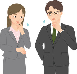 悩んでいるスーツの若い男女