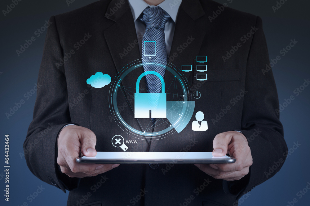 Poster businessman working with a cloud computing diagram on the new co