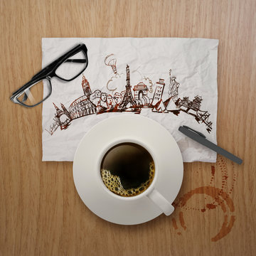 3d cup of coffee traveling around the world on crumpled paper an