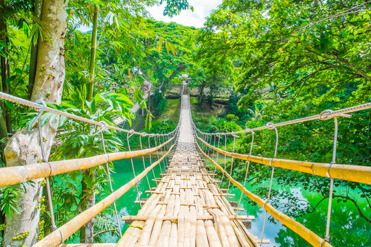 Fototapeta Bambusowy zawieszenie dla pieszych most nad rzeką