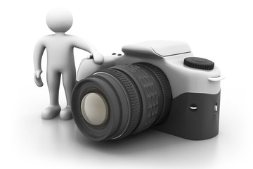 3d man standing next to a large digital camera..