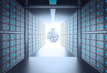 3d server room leading to metal human brain icon as concept
