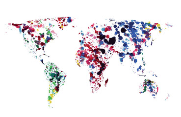 Colorful world map of watercolor blots.  Vector background.