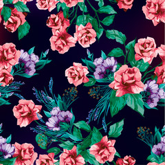 Seamless vector floral pattern with roses on black background