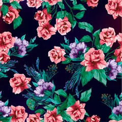 Gordijnen Seamless vector floral pattern with roses on black background © ola-la