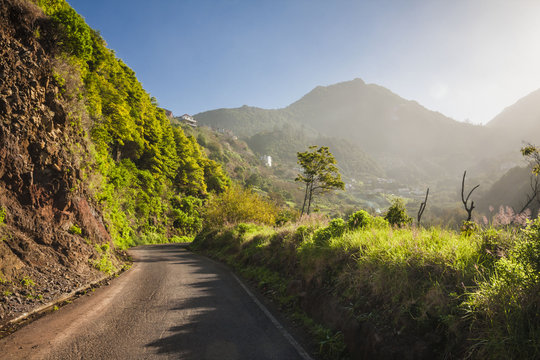 Empty typical road in Madeira island, Portugal