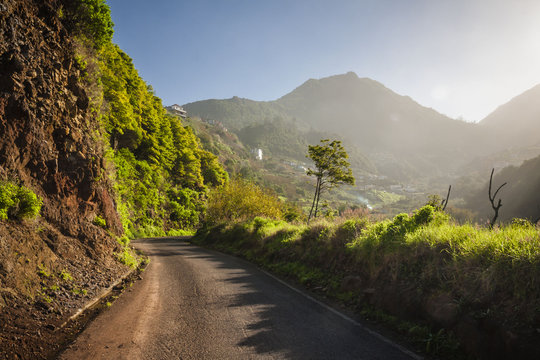 Road and beautiful mountain scenery in the sunny day, Madeira
