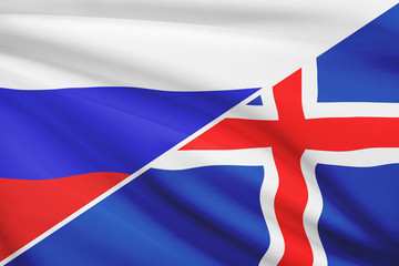 Series of ruffled flags. Russia and Iceland.