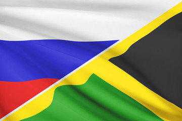 Series of ruffled flags. Russia and Commonwealth of Jamaica.