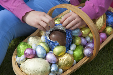 Easter eggs in a garden trug Opening chocolate egg