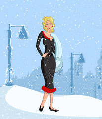 Retro lady in snowfall