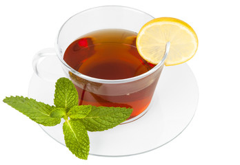 Black tea with lemon on white background