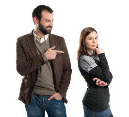 Girl seducing a men over white background