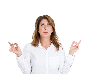 zen mode. woman taking deep breath, relaxing from daily routine