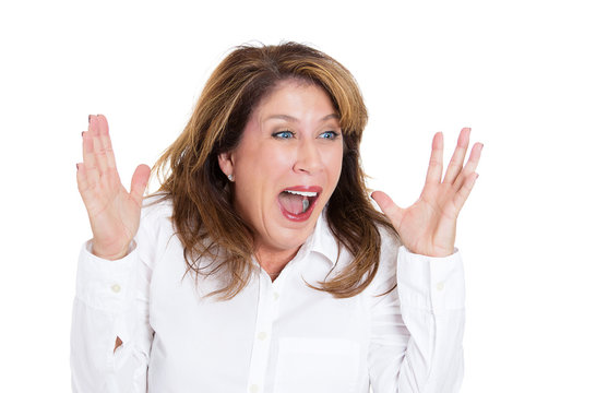 Portrait surprised woman, disbelief, isolated white background 