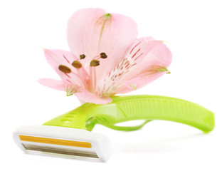 woman safety shaver and flower isolated on white.