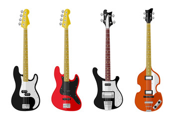 Set of isolated vintage bass guitars. Flat design