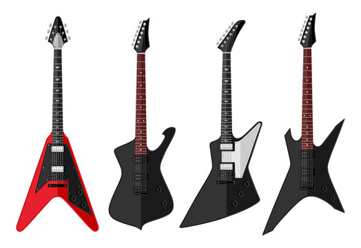 Set of isolated vintage guitars. Flat design