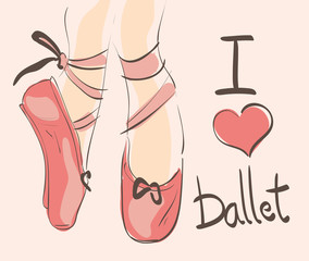 I love Ballet illustration with hand draw,n pink, pointed shoes