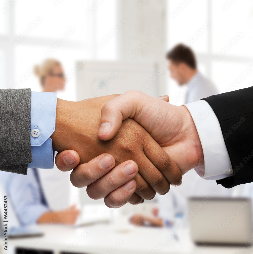 Poster businessman and businesswoman shaking hands