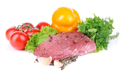 Raw beef meat with vegetables and spices isolated on white