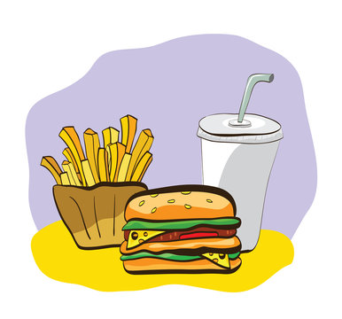 Illustration of French-fry, burger and drink