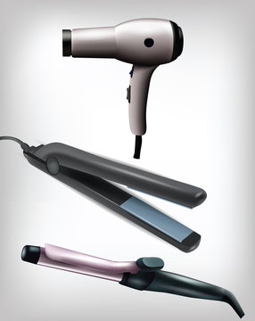 Collection of realistic flat iron, curling iron and hair dryer