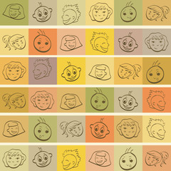 Funny kids faces on colorful vintage background