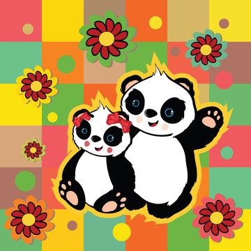 Illustration of beautiful valentine panda bears on colorful back