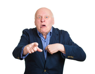 Me or you? Portrait, headshot, upset, angry senior man