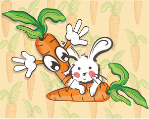 Illustration of funny rabbit with cartoon carrot