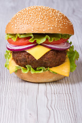 Burger with cheddar cheese, meat with vegetables