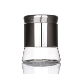 Empty glass jar with aluminum lid isolated on white background