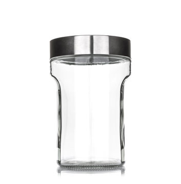 Empty glass jar with aluminum lid isolated on white background