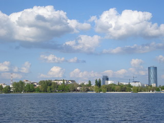 Fototapeta premium View of office buildings over Herastrau lake in Bucharest