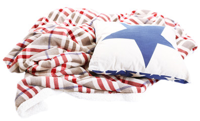 Fototapeta premium Bright pillow and plaid isolated on white
