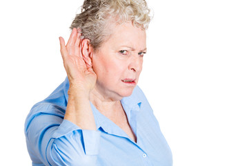 Headshot woman eavesdropping unhappy curious face expression 