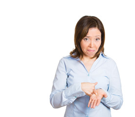 Portrait shy embarrassed woman isolated on white background 
