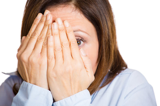 Portrait , Headshot Scared, Afraid Woman On White Background 