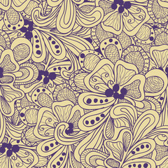 Abstract vector seamless pattern with yellow and purple flowers