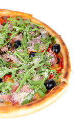 Pizza with arugula isolated on white