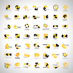 Puzzle Icons Set - Isolated On Gray Background