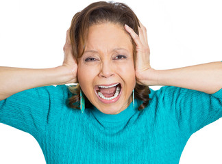 Too loud. Stressed woman tired of noisy neighbors upstairs 
