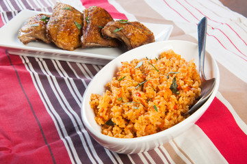 java rice with crispy herbed chicken