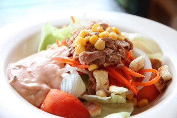 tuna and vegetable salad in dish.