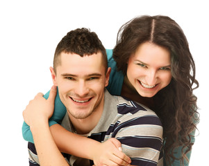 Obraz premium A young loving couple, isolated on white background.